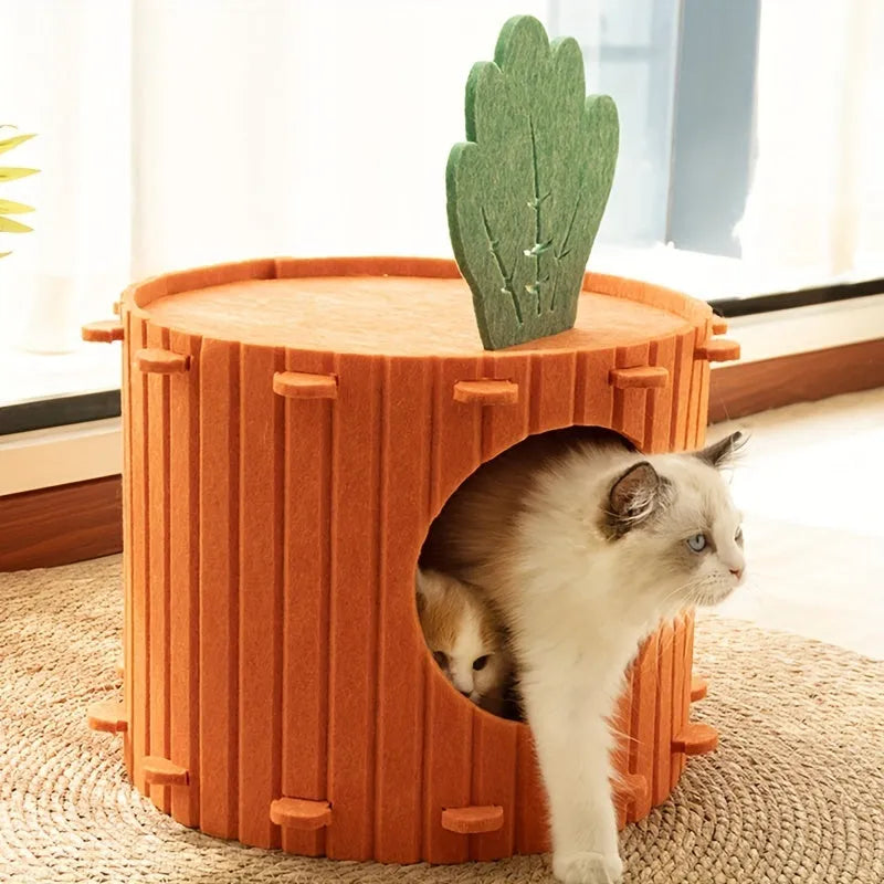 Carrot-shaped grey felt cat bed with a round tunnel entrance, shown next to a cat.