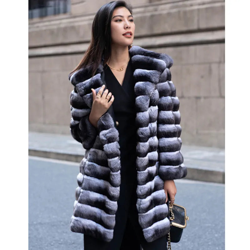 Women's zebra stripe artificial mink faux fur overcoat with regular sleeves and mid-length design