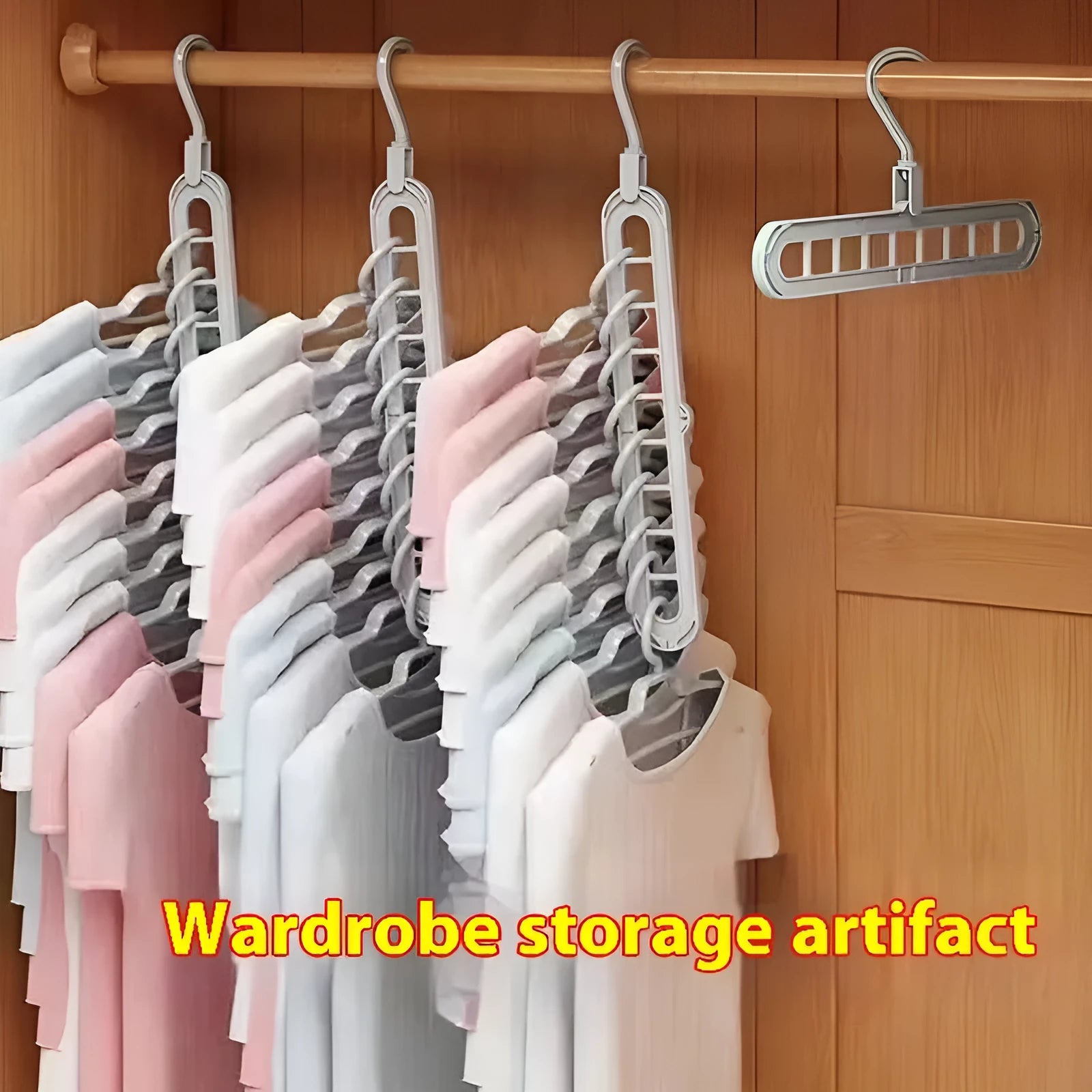 Green nine-hole plastic folding trousers hanger showing garment organisation