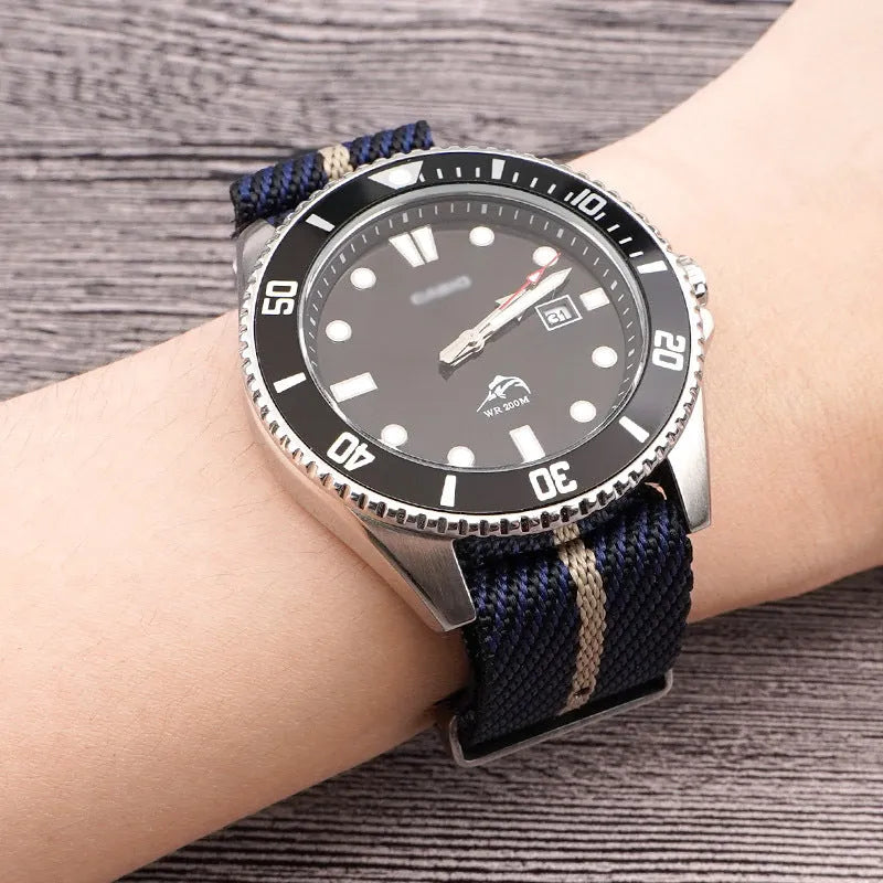 Nylon woven canvas watch strap with silver buckle in retro ethnic style, blue and white colour variant