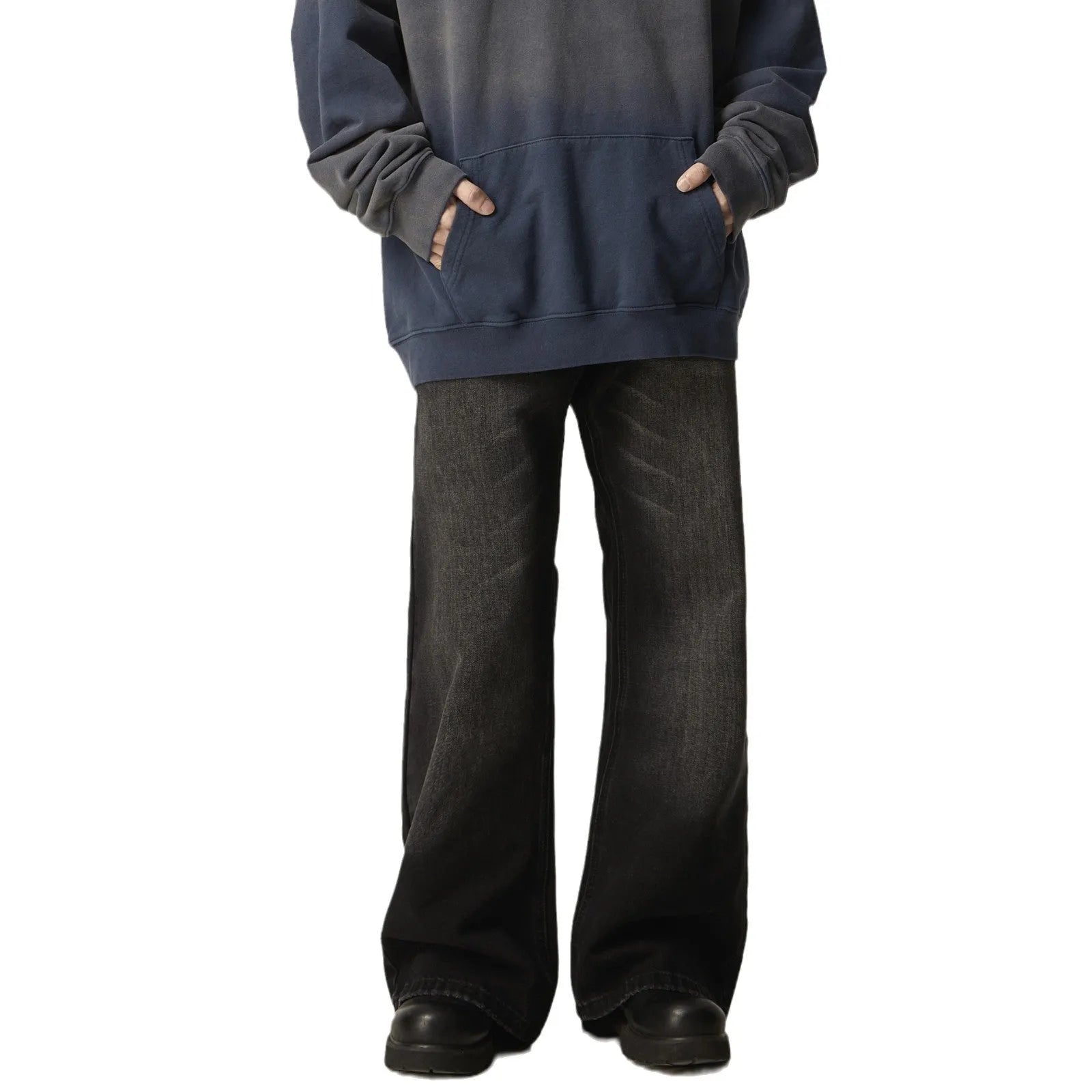 Black loose straight leg jeans with retro styling and zipper fly closure