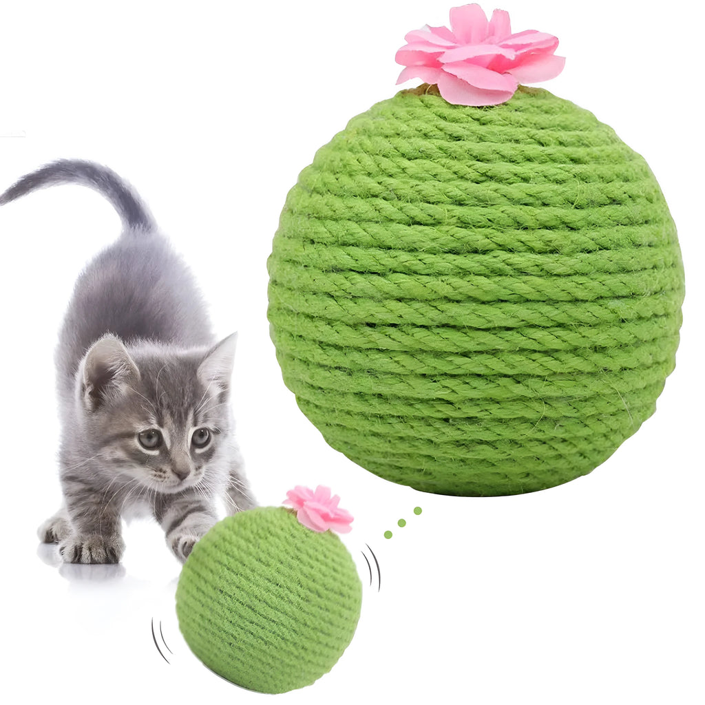 Green interactive cat scratcher ball with natural sisal cactus design and hanging accessories for indoor feline play