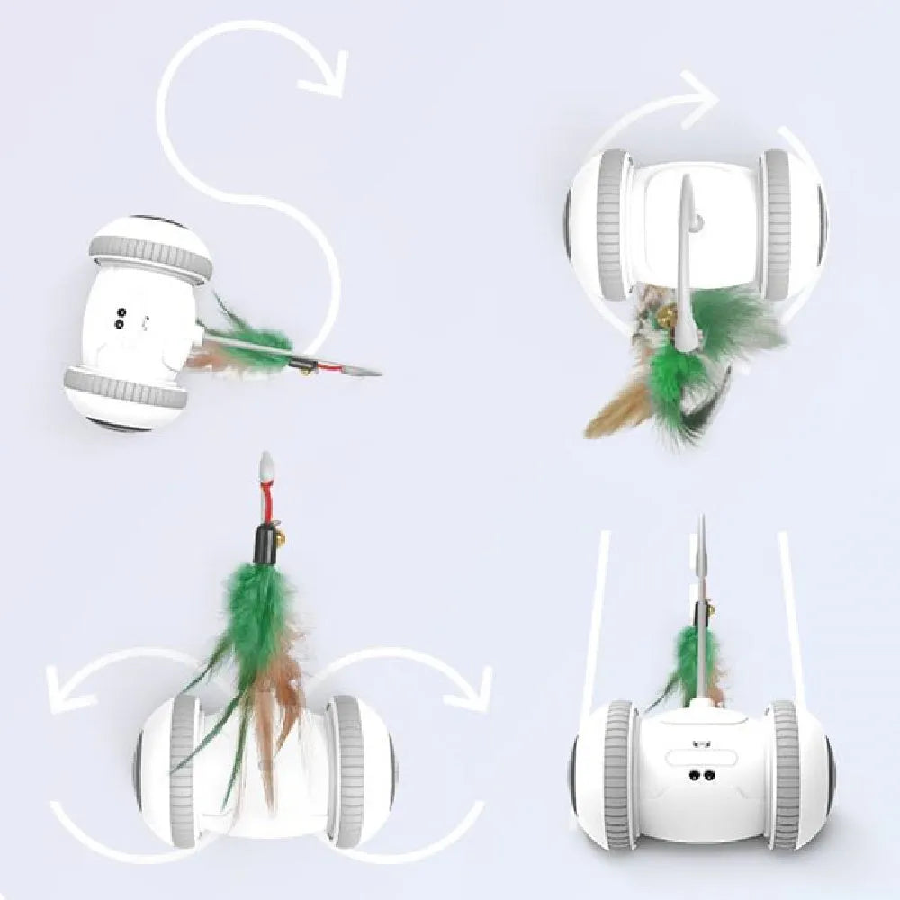 Interactive cat toy with interchangeable heads automatic robotic toy with feather accessory in white and grey ABS plastic