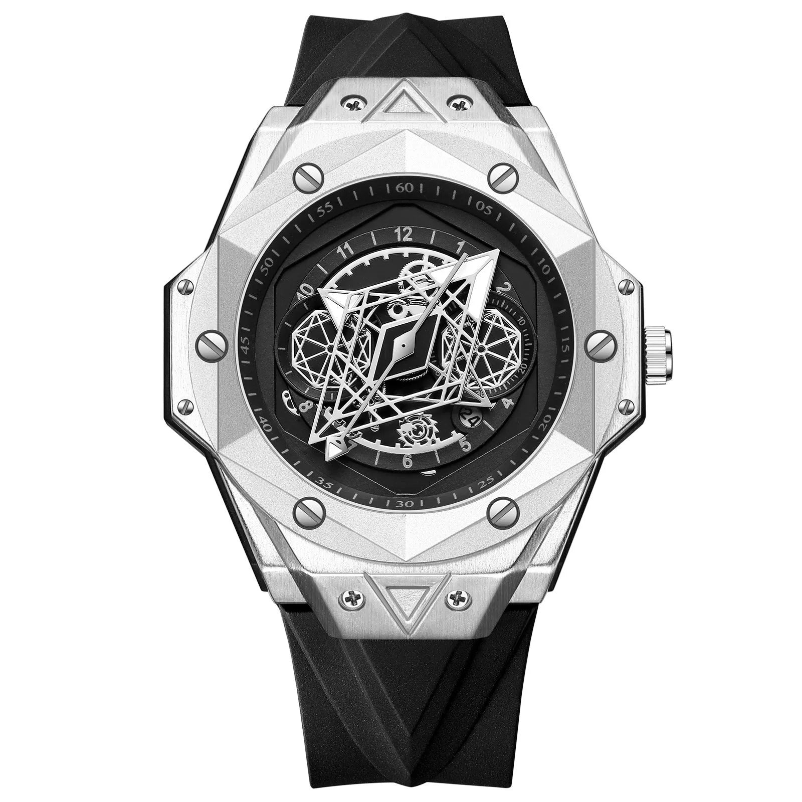 Men's waterproof silicone quartz watch with black leather band and black stainless steel surface
