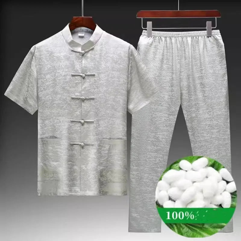 Traditional Chinese mulberry silk Tang suit for men in white, light green, or navy blue