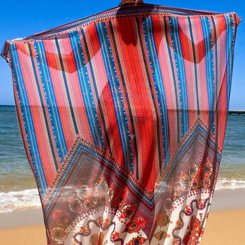 Women's three-piece split swimsuit set in picture colour, showing sleeveless cutout top, high-waist briefs, and coat.