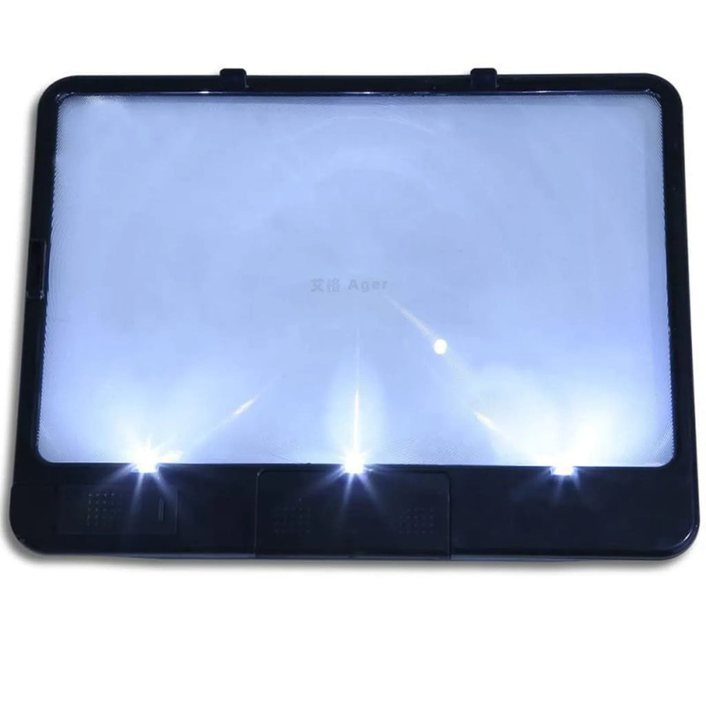 A black magnifying glass with a built-in LED light, showing 3x magnification and dimensions of 180mm by 140mm.