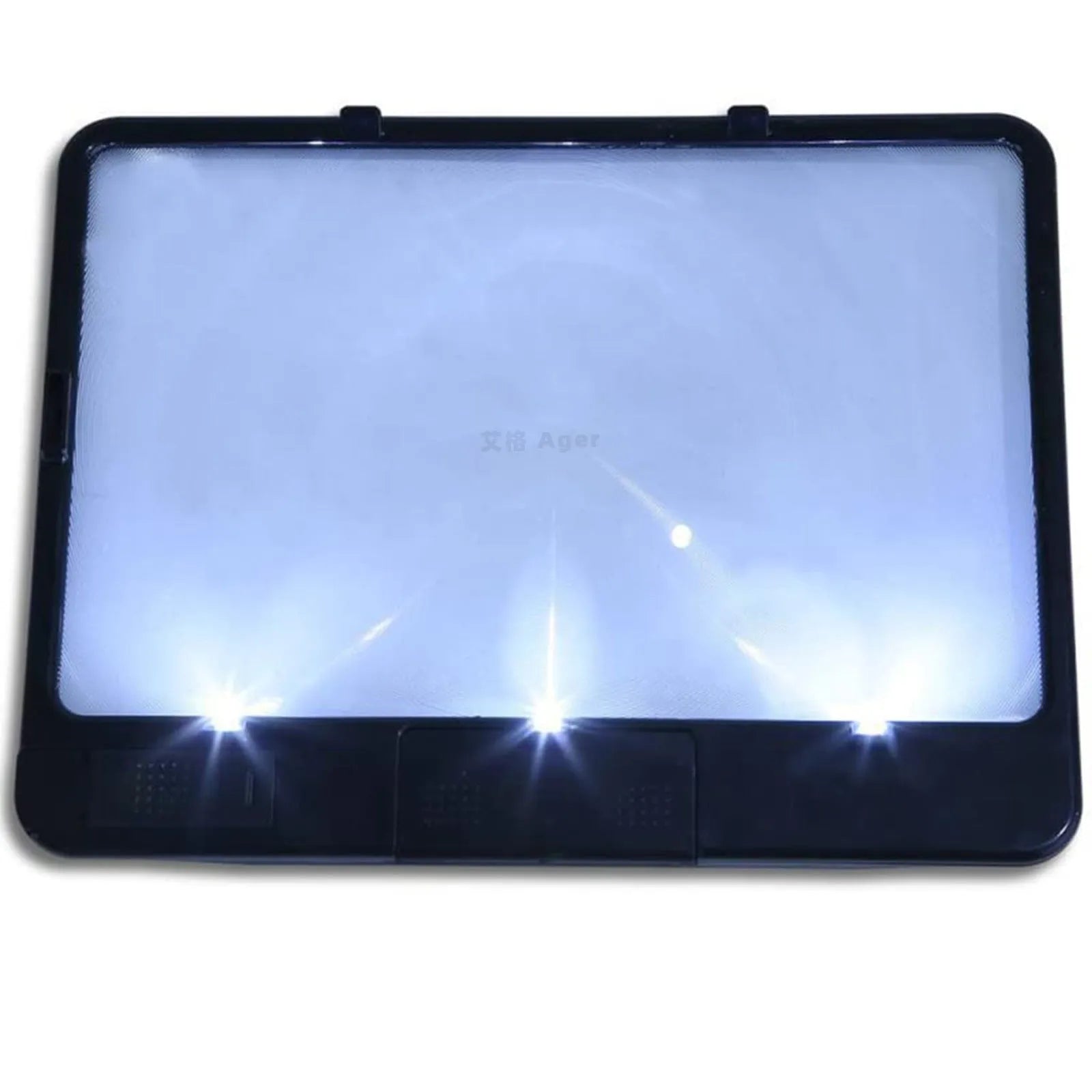 A black magnifying glass with a built-in LED light, showing 3x magnification and dimensions of 180mm by 140mm.