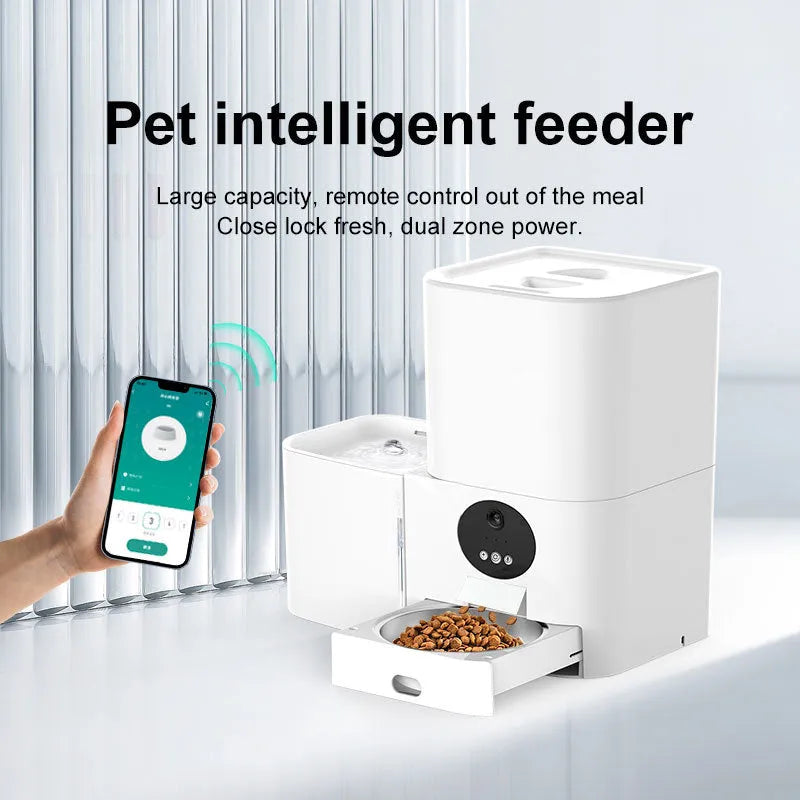 Smart WiFi two-in-one electric pet feeder in white with food and water compartments