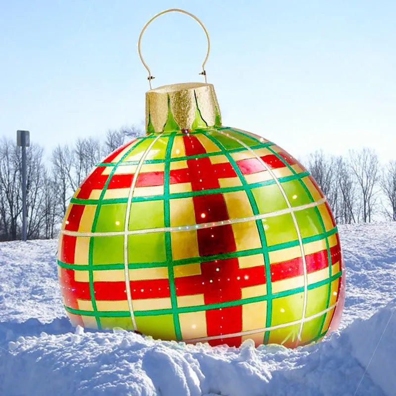 Large 60cm diameter inflatable PVC Christmas decoration ball in bright colours for outdoor use.