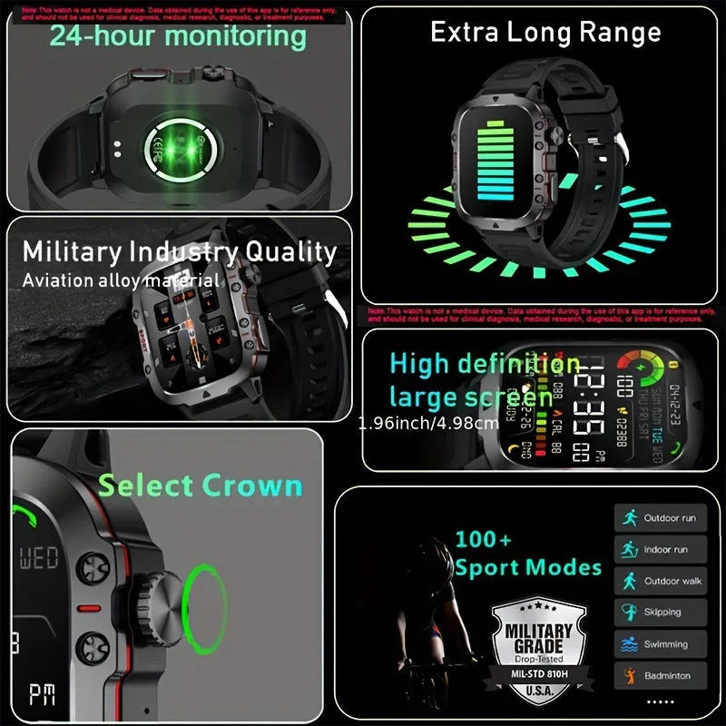 Sports outdoor Bluetooth calling watch with TFT screen, black silicone strap, showing heart rate monitoring display