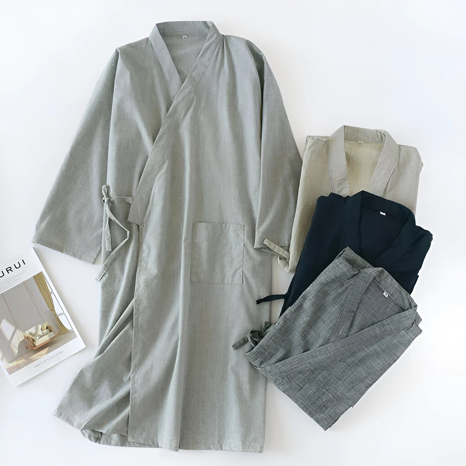 Men's woven cotton gauze nightgown mid-length home bathrobe in gray robe, front view