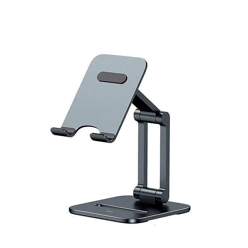 Deep space grey aluminium folding stand holding a tablet next to its compact folded size.