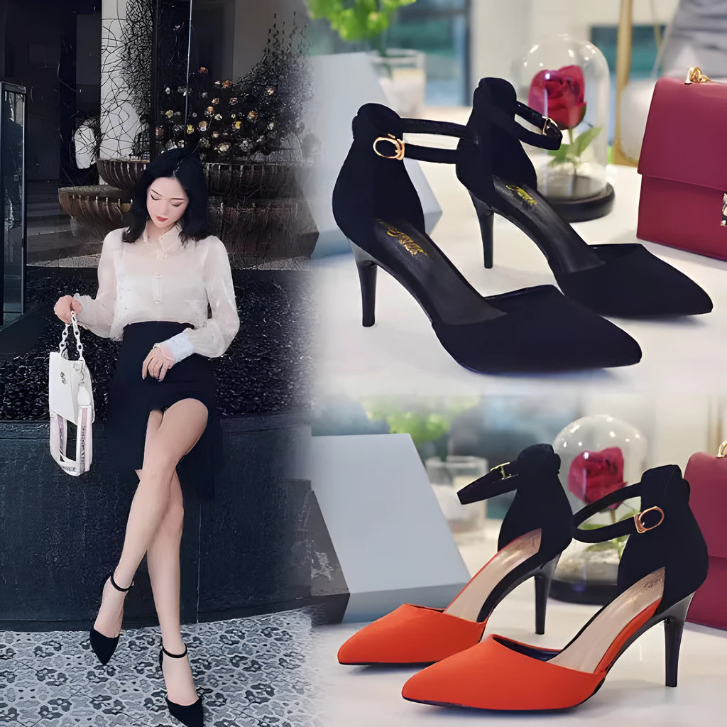 Foldable driving high heels with buckle closure in black – rubber sole, simple style, size 34-39