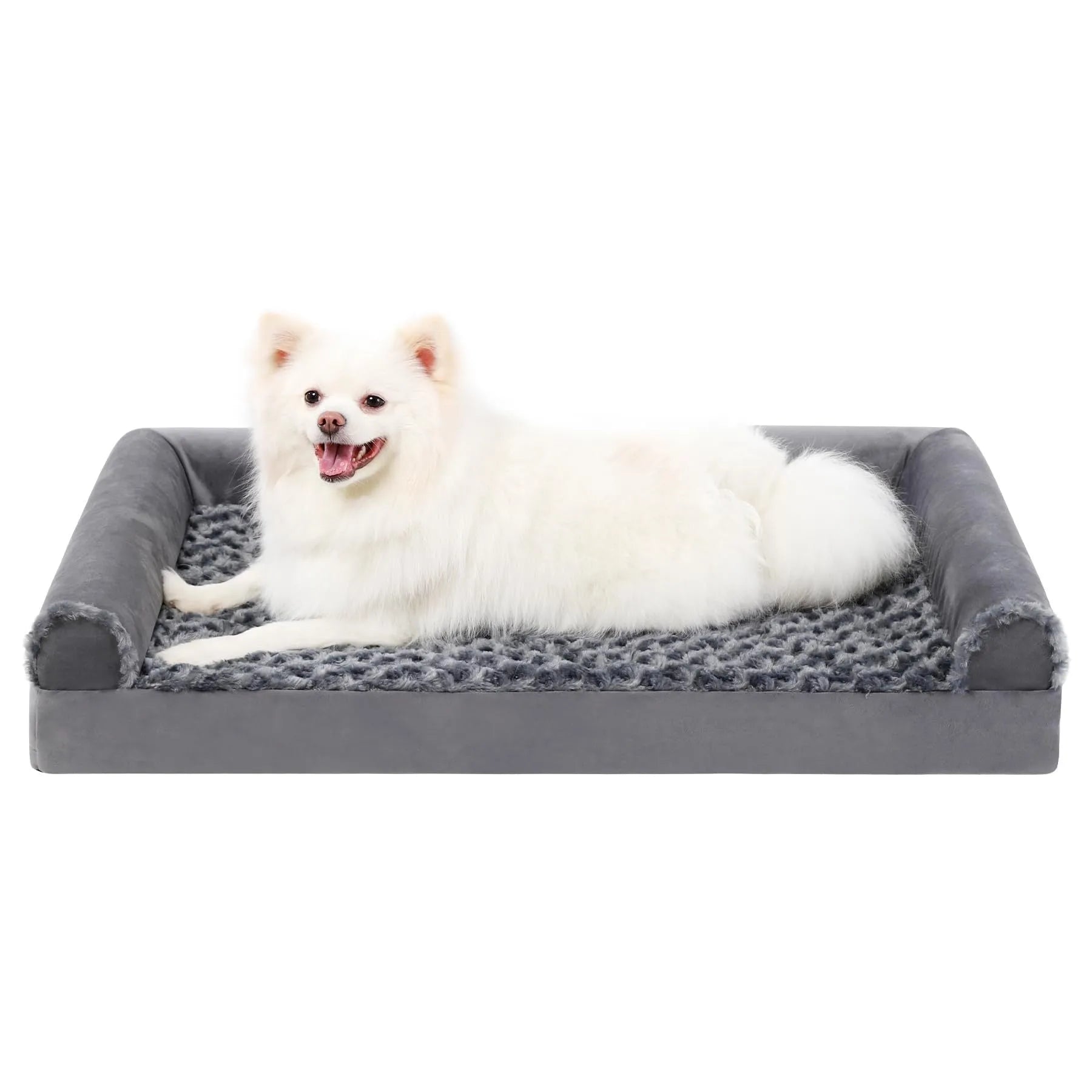 Grey U-shaped dog sofa bed with embossed velvet removable cover and sponge cushion