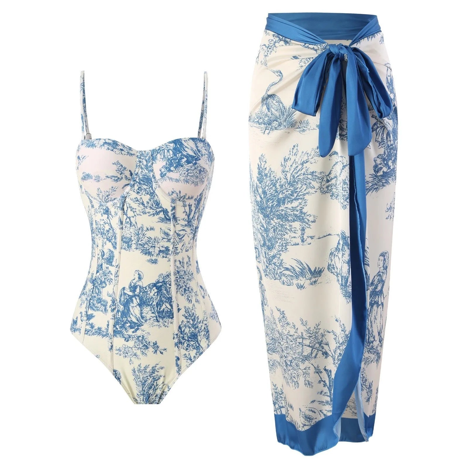 Blue women's one-piece polyester swimsuit with a matching gauze skirt laid flat.