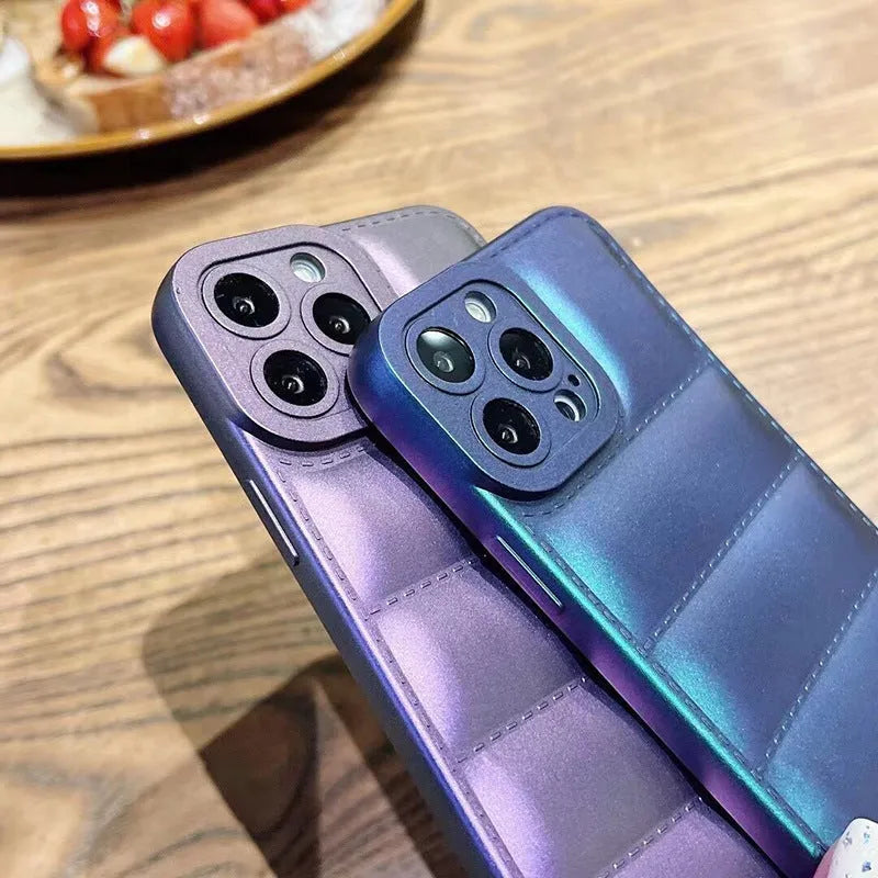 Silicone down jacket phone case for iPhone in laser green, blue, or purple with frosted finish