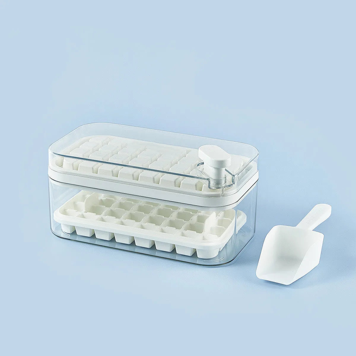 Green one-button press ice cube tray mould with transparent lid and storage box