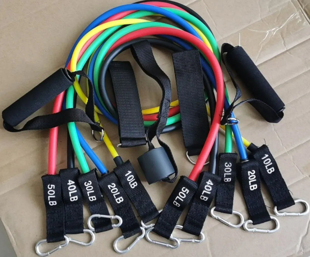 11 piece TPE latex resistance tensioner set for home fitness with colour coded bands