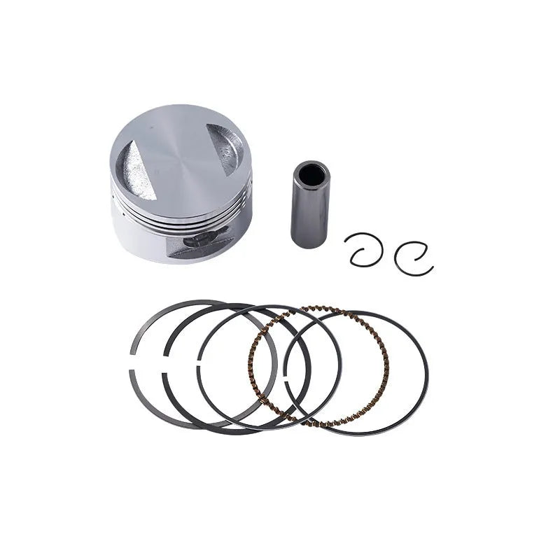 Motorcycle engine piston kit showing aluminium alloy construction with 57.4mm diameter measurement