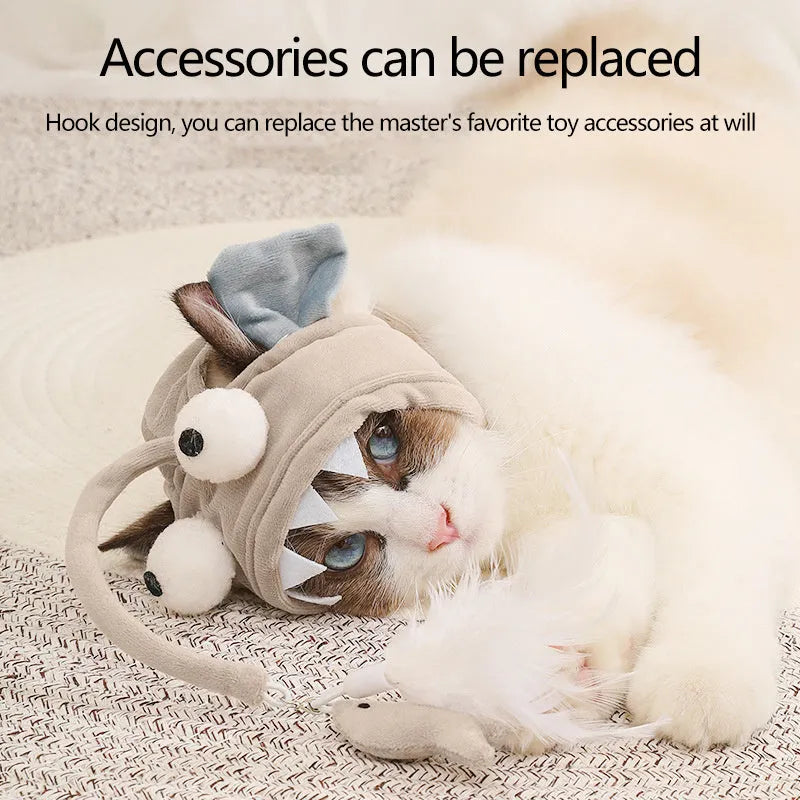 Grey headband cat toy with big-eyed fish teaser on adjustable 24-30cm band for hands-free feline play
