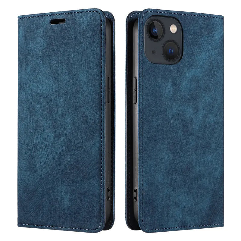 Magnetic leather flip phone case for iPhone shown closed, displaying the solid colour and front cover.