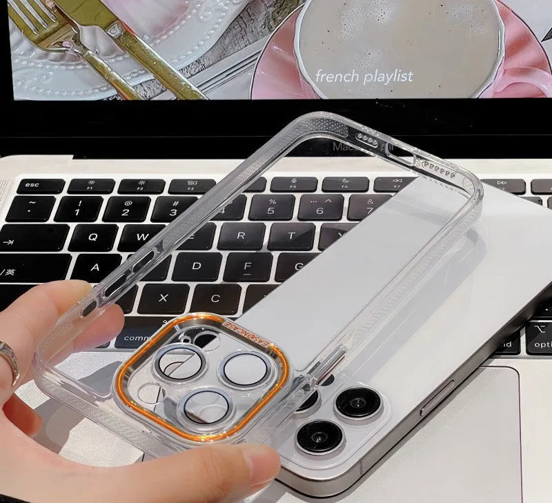 Freezing Point transparent acrylic phone case with embossed finish for iPhone, showing anti-fall all-inclusive design