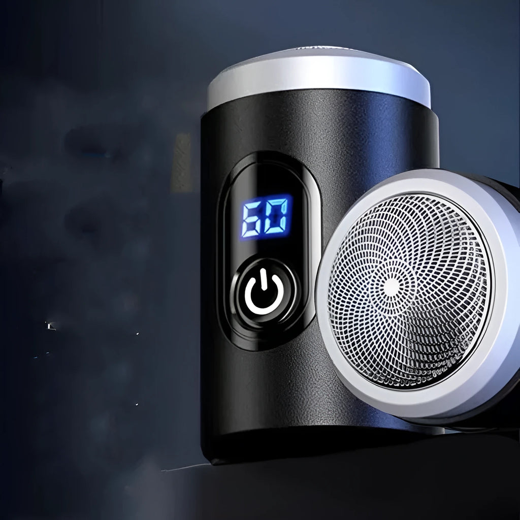 Black portable USB rechargeable shaver with cleaning brush and protective cover