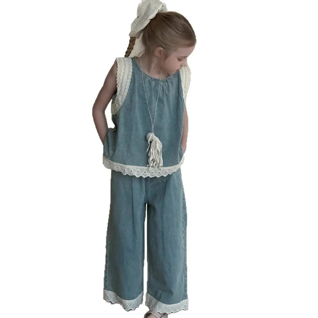 Girls' light blue cotton denim two-piece set with lace trim sleeveless vest and cropped wide-leg pants on child model