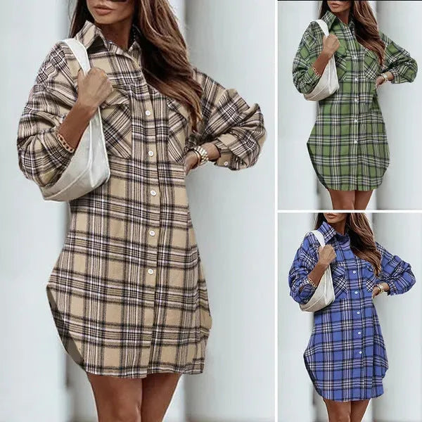 Women's printed plaid plus size shirt dress in green, cotton fabric, button front, pocket detail, British style