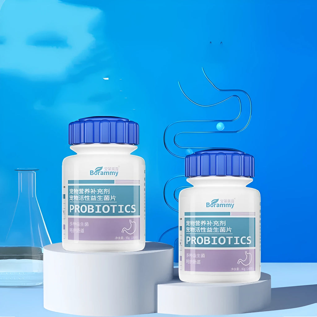 Bottle of 180 Active Probiotic Tablets for pet dogs and cats, poultry flavour.