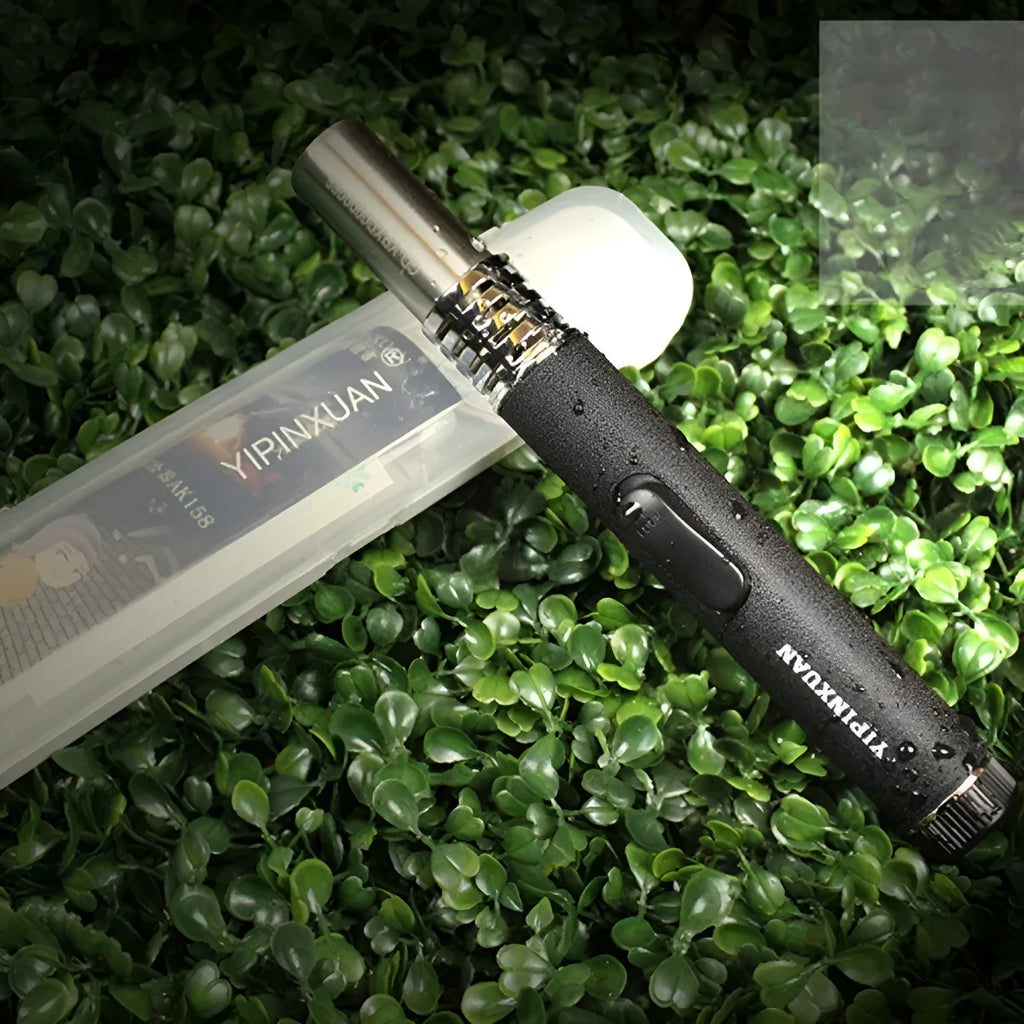 Metal portable flamethrower torch with frosted finish and child lock.