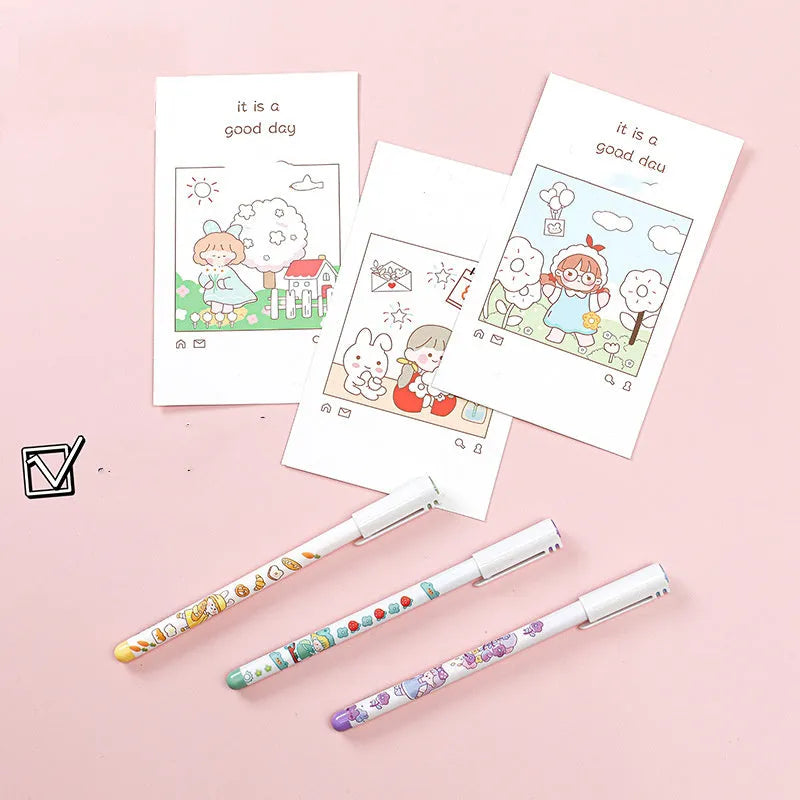 Twelve colourful gel pens with 0.5mm tips and cartoon designs arranged together