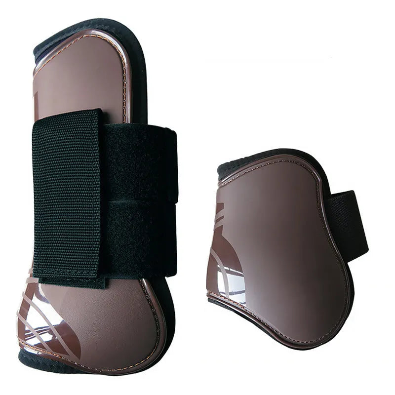 Horse leg guards in PU diving material, close-up on a front leg guard showing red colour and padded construction
