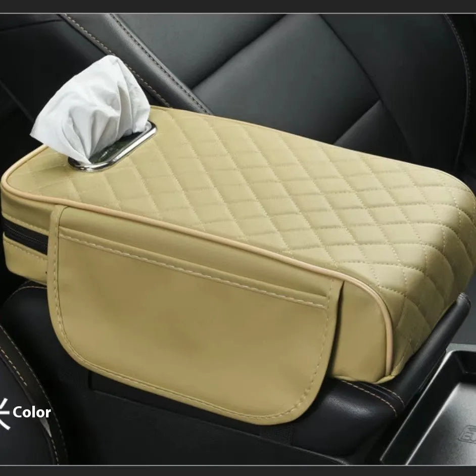 Universal car armrest box cushion in leather with built-in tissue buggy bag