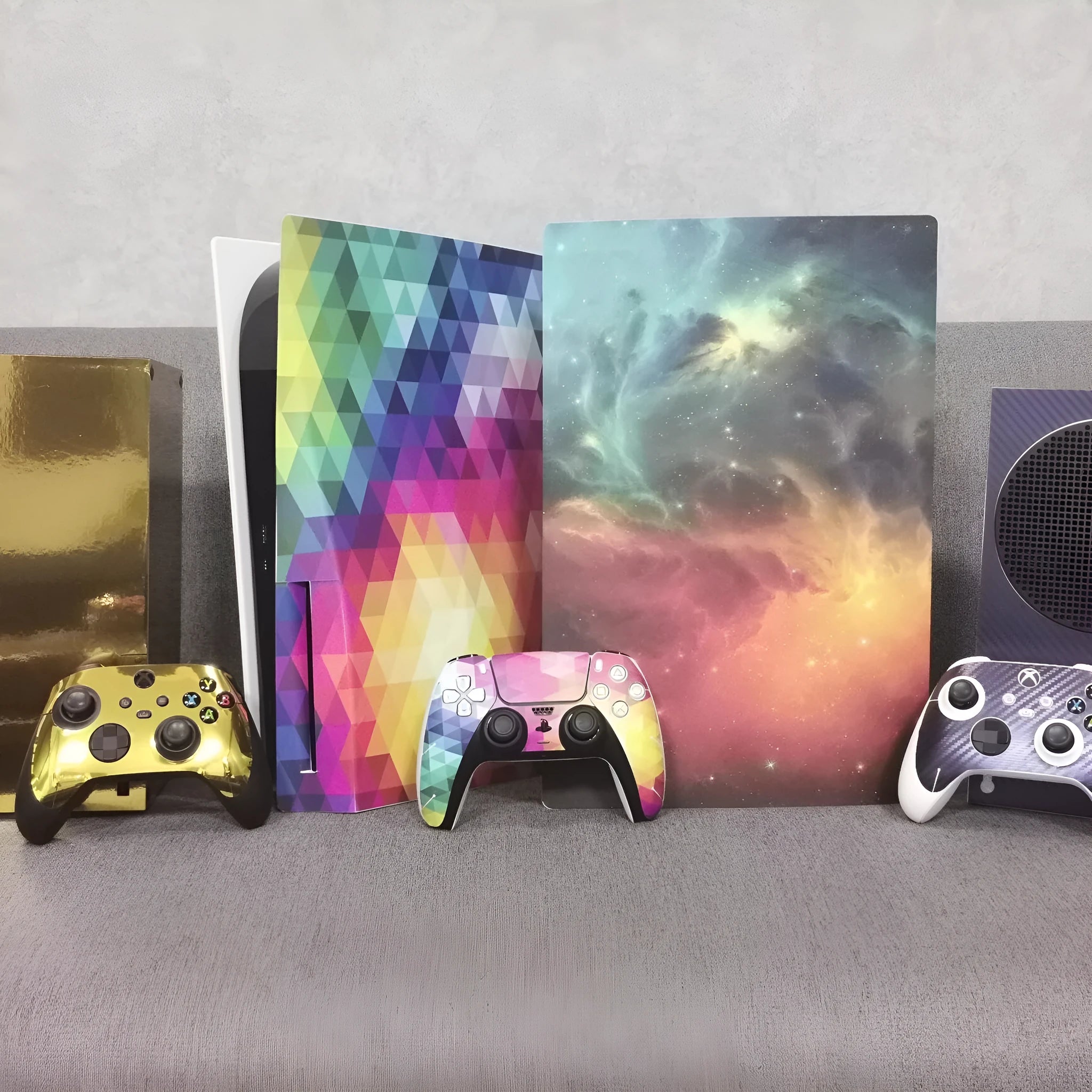 Xbox One S console with PVC protective sticker wrap in Style A showing colour finish