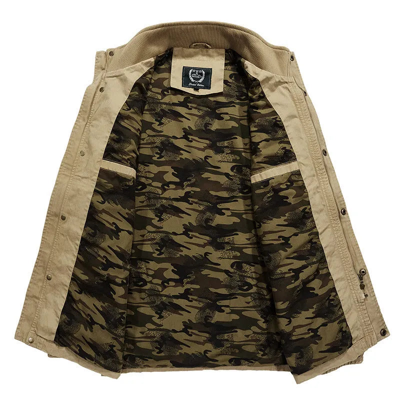 Men's mid-length loose cotton washed jacket in khaki, long-sleeved solid colour casual coat