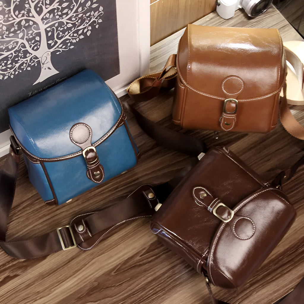 Fashion single shoulder SLR camera liner bag in PU leather, small size, dark coffee colour, for home storage.