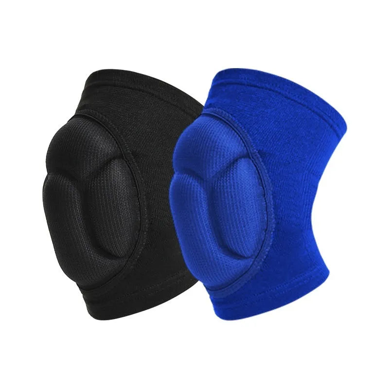 A pair of black breathable knee pads with thick sponge padding and adjustable straps for sports protection.