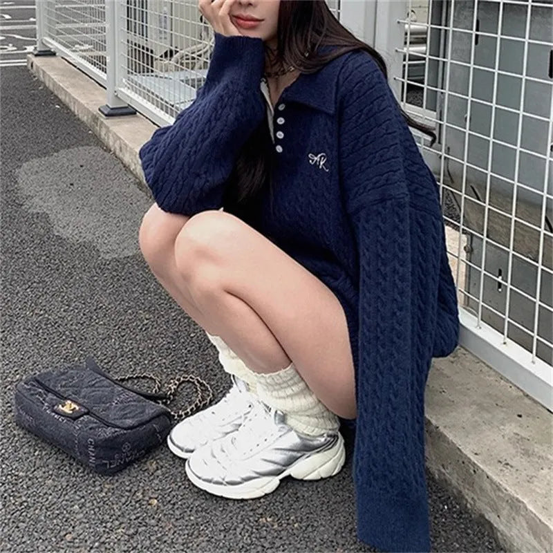 Korean-style academic twist knit skirt set in beige and blue colour blocking with long sleeve top and short skirt
