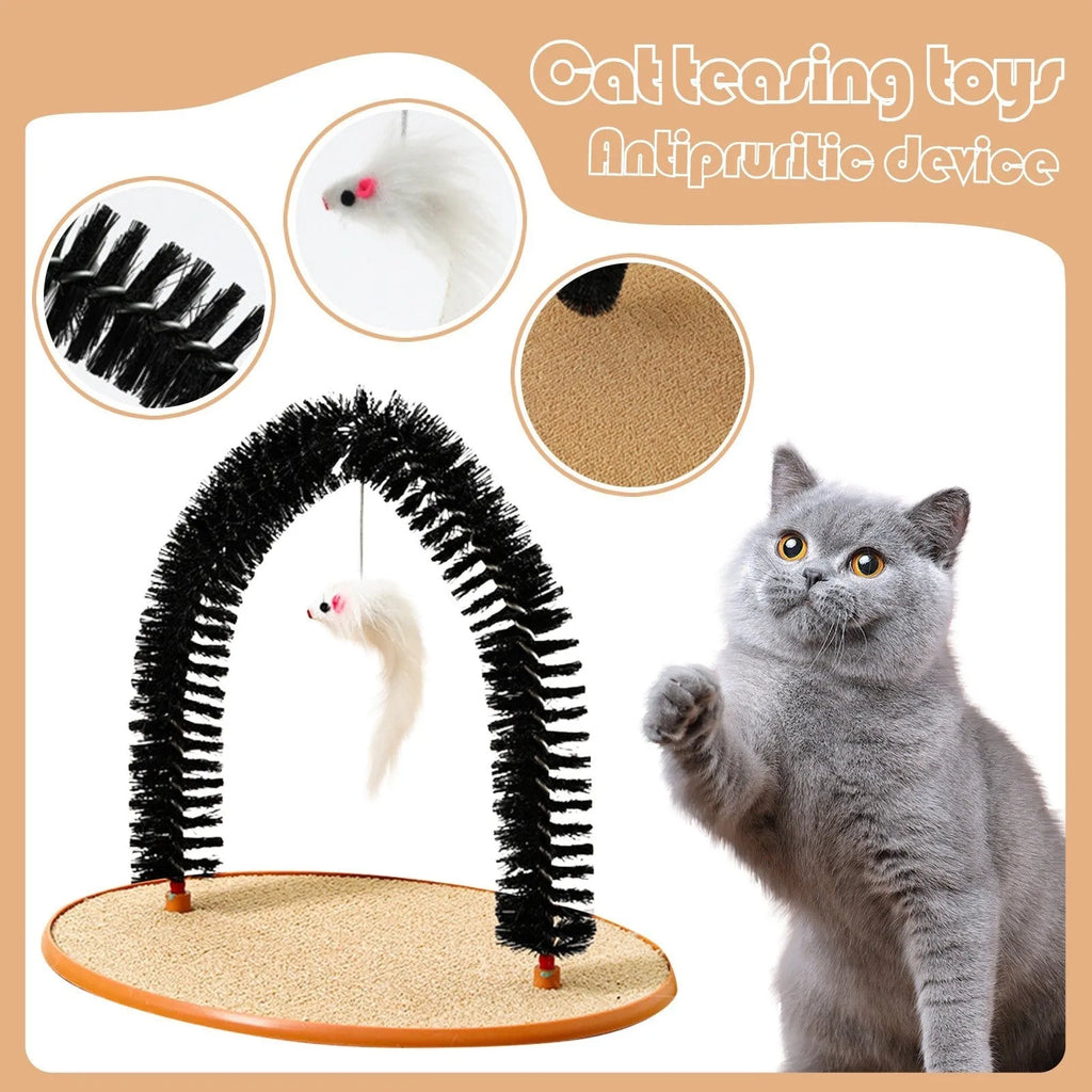 Black arch-shaped plastic cat grooming device with a mop and scratching surfaces, featuring a plush mouse toy.