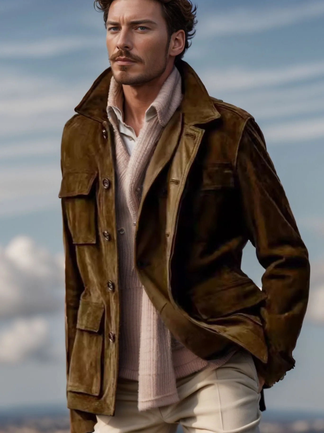 Men's solid colour multi-pocket trench coat in army green, polyester blend, front view