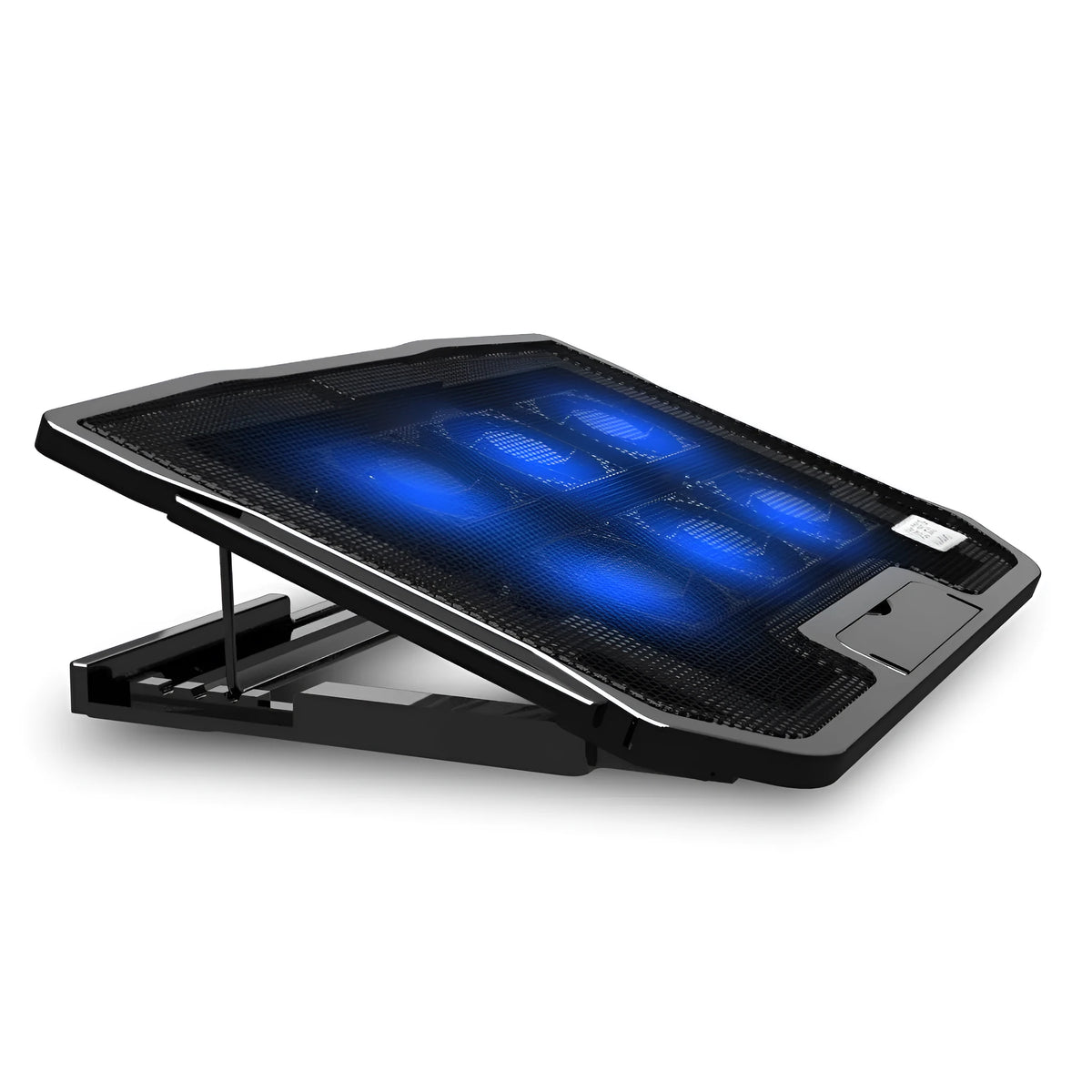 Black metal mesh laptop cooling rack with six ultra-quiet fans and adjustable height on a desk