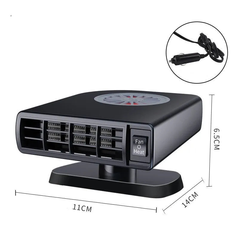 Compact black ABS plastic vehicle-mounted heater with adjustable vents on a car dashboard.