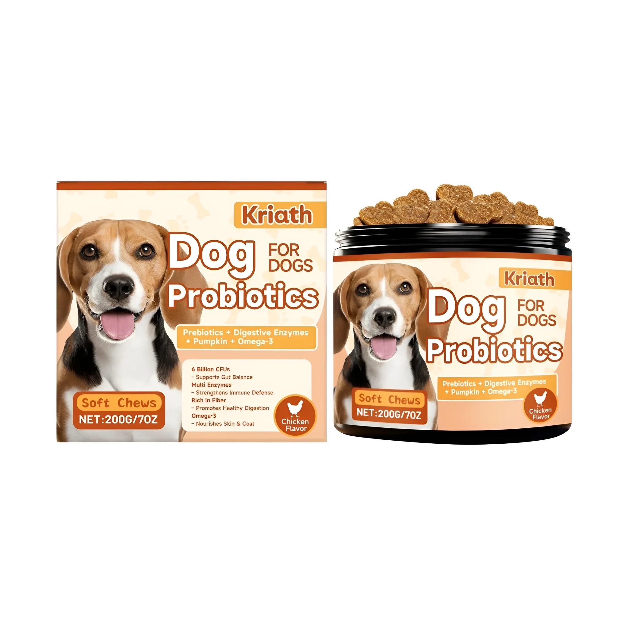 200g pack of Canine Probiotic Digestion Soft Granules for dog digestive health with probiotic strains, enzymes, and Omega-3 fish oil