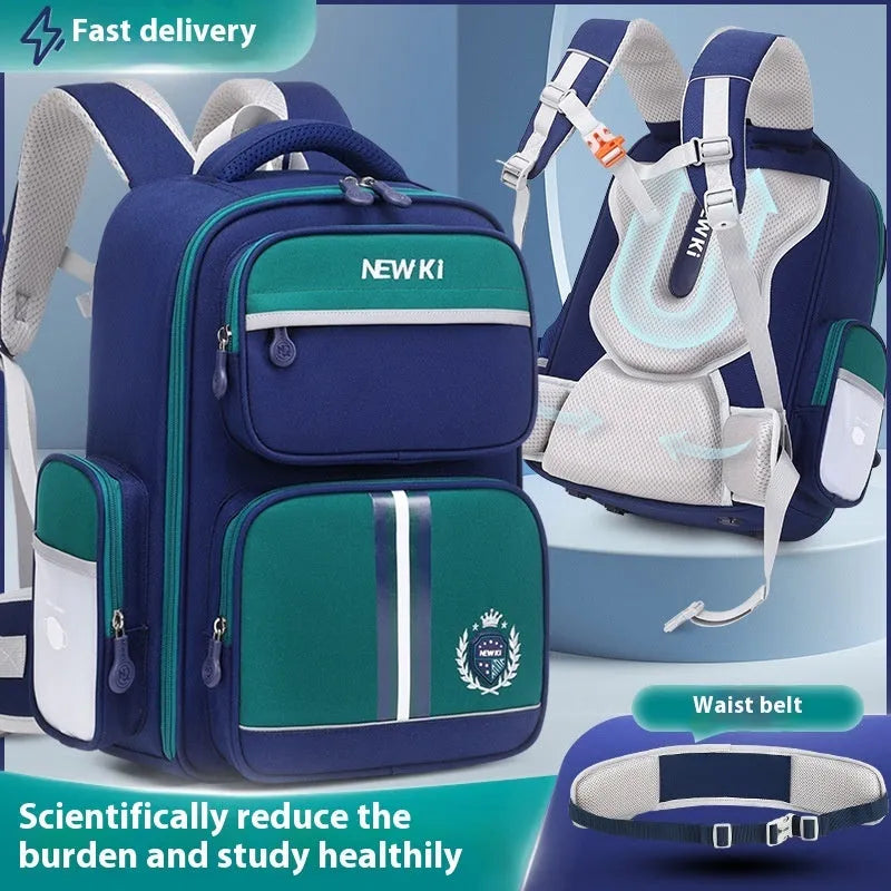 Children's waterproof canvas schoolbag with curved shoulder straps, spine protection, solid colour, small and large sizes