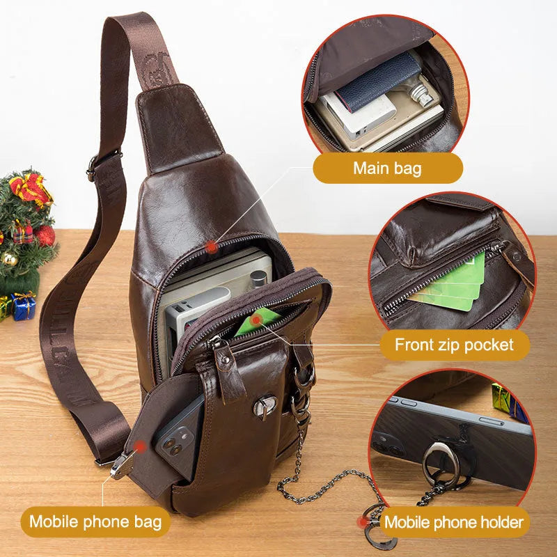 Genuine leather men's messenger bag in retro vertical square shape with magnetic buckle closure in black colour