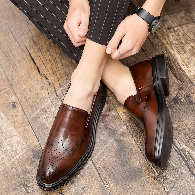 Big size men's slip-on loafers with pointed toe, black artificial PU upper and PU sole side view