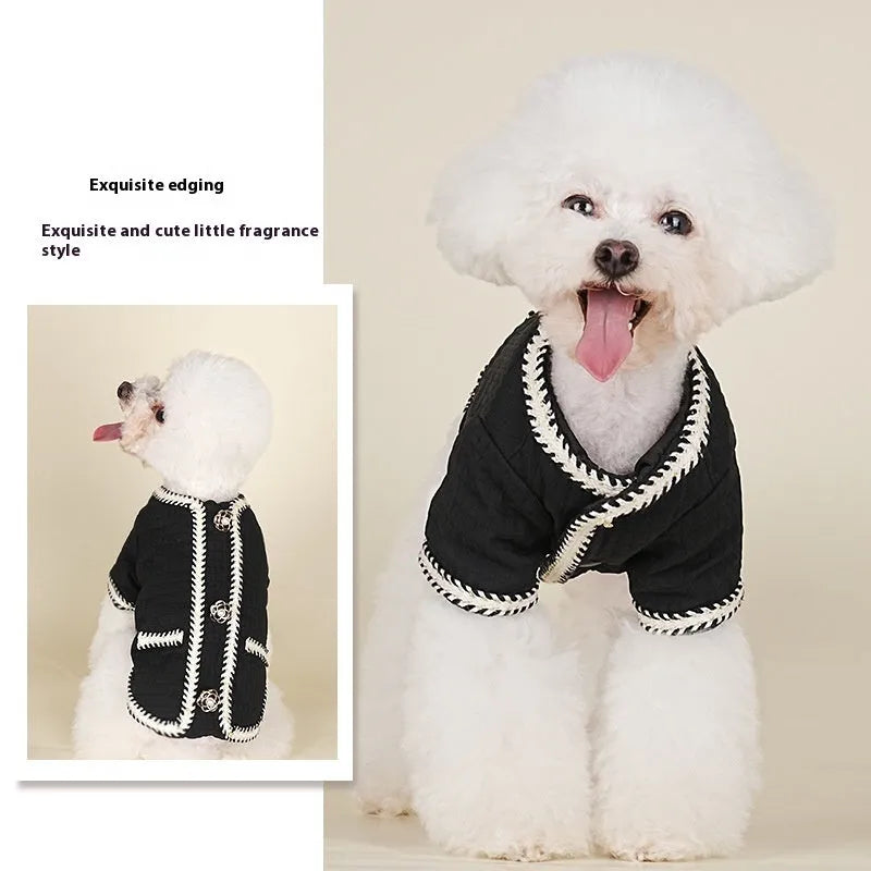 Quilted cartoon-style dog coat in light purple colour for winter warmth