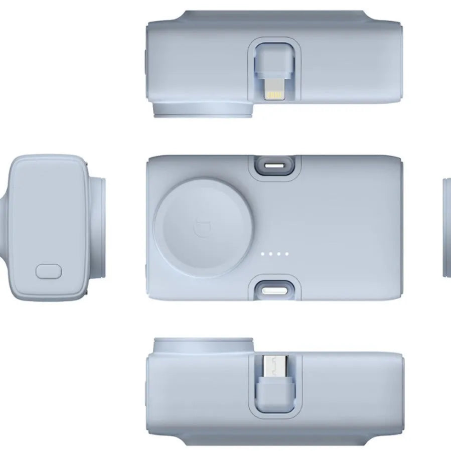 Compact white plastic wireless power bank with 5000mAh capacity, shown with dimensions 10.5cm by 5cm.